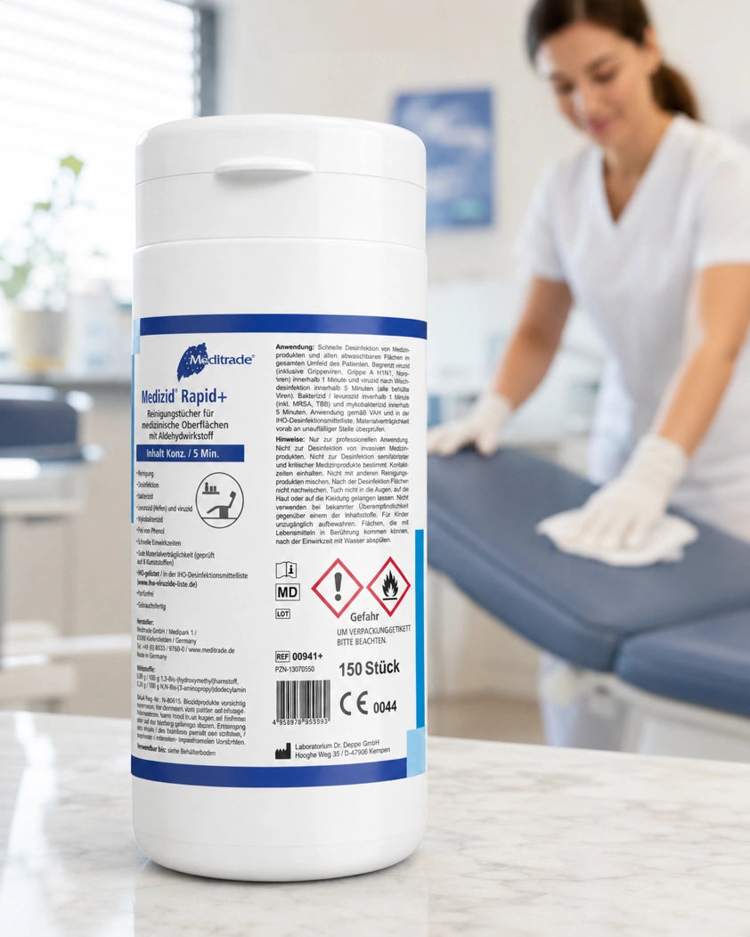 Meditrade Medizid Rapid+ Desinfektionstücher – Spenderdose mit 150 Tüchern