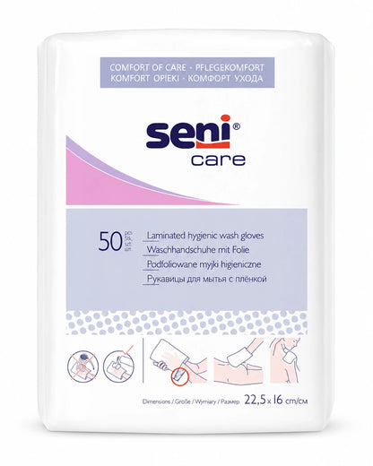 Seni Care Einweg-Waschhandschuhe foliert aus Zellstoff – 50 Stück