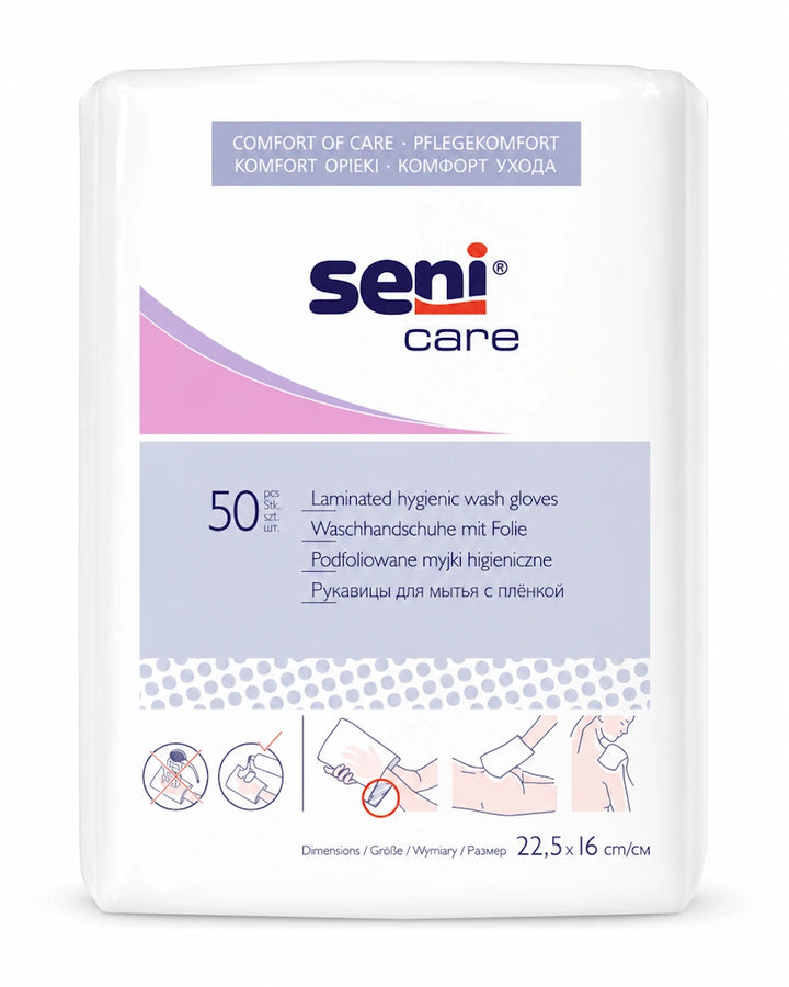 Seni Care Einweg-Waschhandschuhe foliert aus Zellstoff – 50 Stück