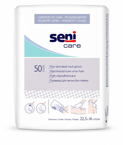 Seni Care Einweg-Waschhandschuhe unfoliert aus Vliesstoff – 50 Stück