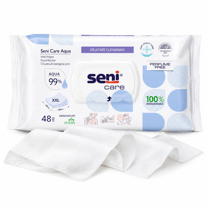 Seni Care Aqua Feuchttücher plastikfrei und vegan – 48 Stück