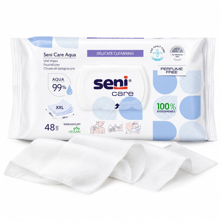 Seni Care Aqua Feuchttücher plastikfrei und vegan – 48 Stück