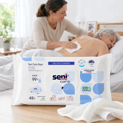 Seni Care Aqua Feuchttücher plastikfrei und vegan – 48 Stück